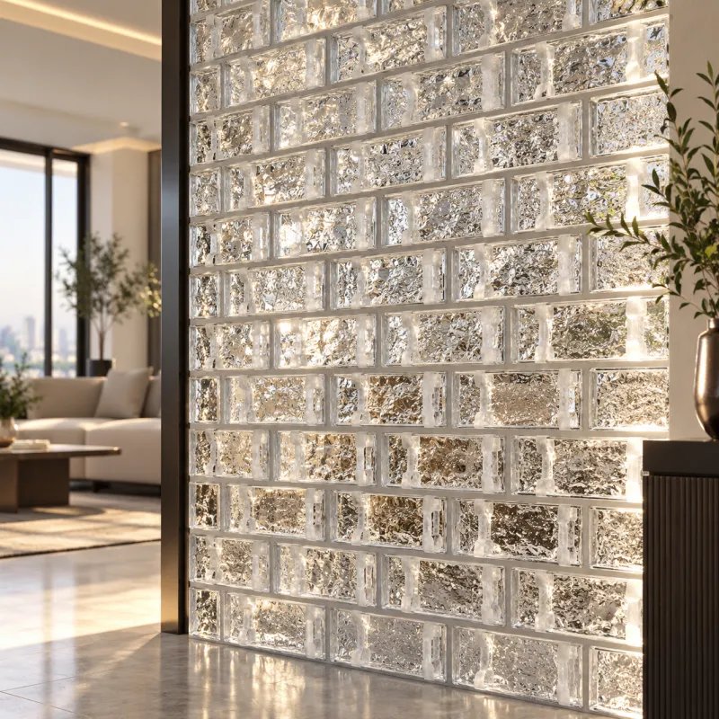 Shimmering glass brick partition showing the decorative glass block finish